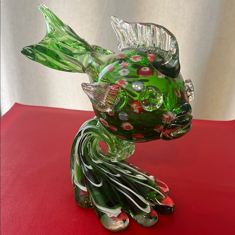Murano glass fish ornament vintage large green 8”H 12”L
